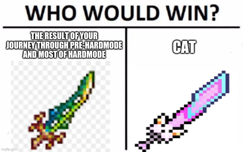 Who Would Win? | THE RESULT OF YOUR JOURNEY THROUGH PRE-HARDMODE AND MOST OF HARDMODE; CAT | image tagged in memes,who would win | made w/ Imgflip meme maker