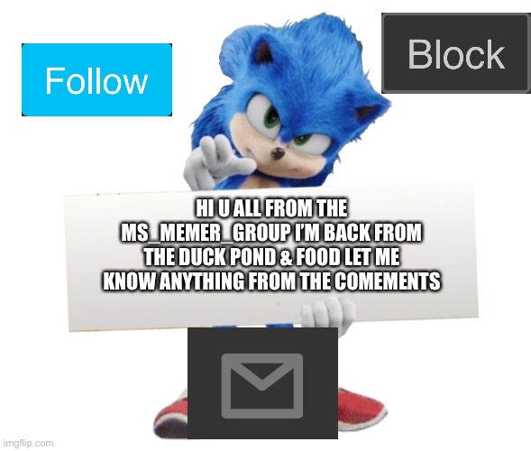 movie sonic says | HI U ALL FROM THE MS_MEMER_GROUP I’M BACK FROM THE DUCK POND & FOOD LET ME KNOW ANYTHING FROM THE COMEMENTS | image tagged in movie sonic says | made w/ Imgflip meme maker