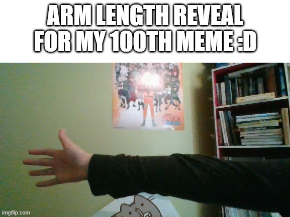 just a stupid idea i had for my 100th meme (might have to delete bc of my parents) :( | ARM LENGTH REVEAL FOR MY 100TH MEME :D | image tagged in arm,100th,meme,reveal,i was bored | made w/ Imgflip meme maker