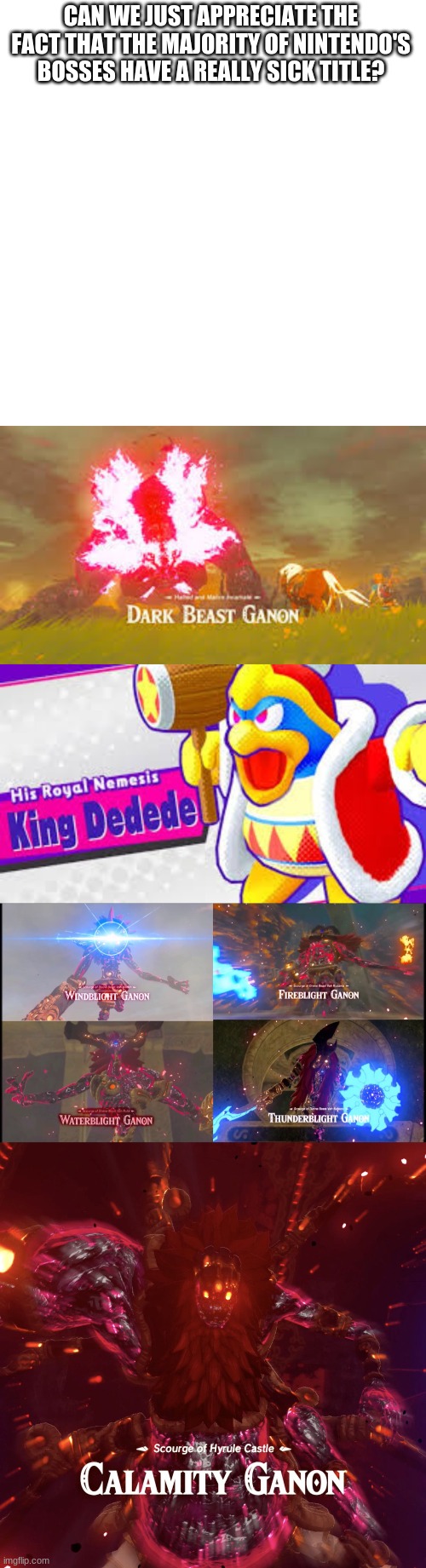 CAN WE JUST APPRECIATE THE FACT THAT THE MAJORITY OF NINTENDO'S BOSSES HAVE A REALLY SICK TITLE? | image tagged in memes,blank transparent square | made w/ Imgflip meme maker