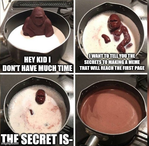 This meme won't make it anywhere close lol |  HEY KID I DON'T HAVE MUCH TIME; I WANT TO TELL YOU THE SECRETS TO MAKING A MEME THAT WILL REACH THE FIRST PAGE; THE SECRET IS- | image tagged in hey kid i don't have much time | made w/ Imgflip meme maker