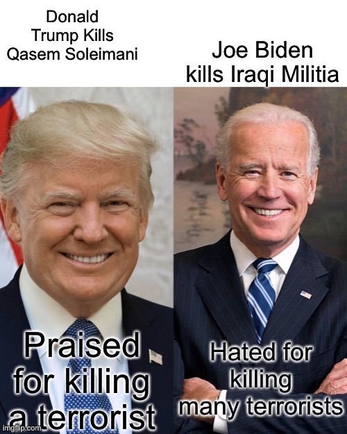 What? | Joe Biden kills Iraqi Militia; Donald Trump Kills Qasem Soleimani; Hated for killing many terrorists; Praised for killing a terrorist | image tagged in qanon,donald trump,joe biden | made w/ Imgflip meme maker