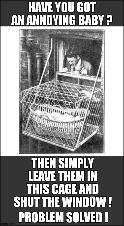 Problem With A Irritating Child ? | HAVE YOU GOT AN ANNOYING BABY ? THEN SIMPLY LEAVE THEM IN THIS CAGE AND SHUT THE WINDOW ! PROBLEM SOLVED ! | image tagged in fun,annoying,baby,cage | made w/ Imgflip meme maker