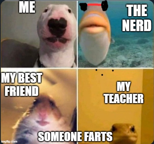 online classes | ME; THE NERD; MY BEST FRIEND; MY TEACHER; SOMEONE FARTS | image tagged in online classes | made w/ Imgflip meme maker