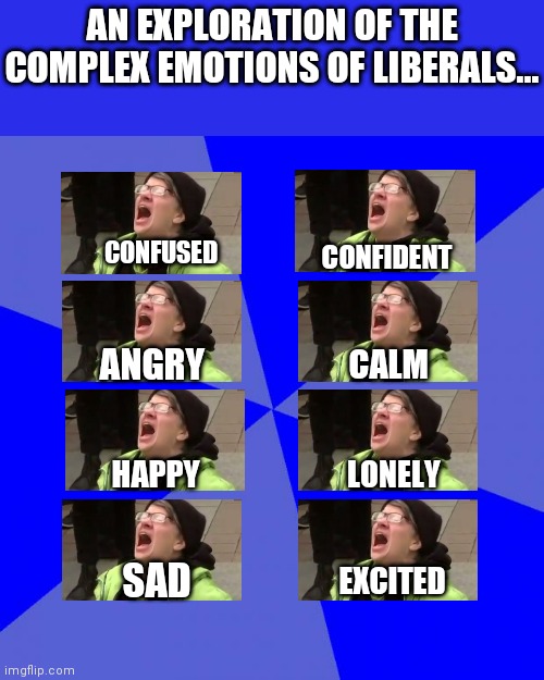 Liberals, they just have such a wide range of emotions don'y they? | AN EXPLORATION OF THE COMPLEX EMOTIONS OF LIBERALS... CONFIDENT; CONFUSED; ANGRY; CALM; HAPPY; LONELY; EXCITED; SAD | image tagged in memes,blank blue background,college liberal,liberal logic,emotions,triggered liberal | made w/ Imgflip meme maker
