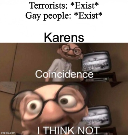 I know 20 of them, It's always so great trying to have reasonable conversations with them :) | Terrorists: *Exist*
Gay people: *Exist*; Karens | image tagged in coincidence i think not | made w/ Imgflip meme maker