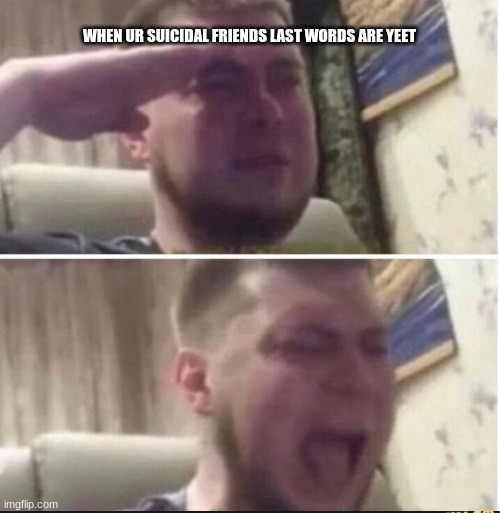 Rip | WHEN UR SUICIDAL FRIENDS LAST WORDS ARE YEET | image tagged in crying salute | made w/ Imgflip meme maker