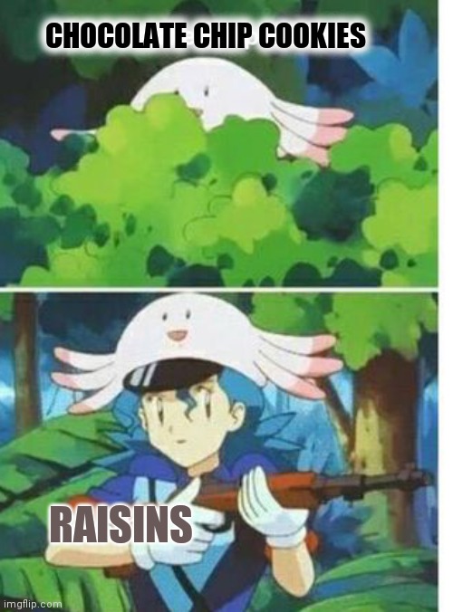 I hate raisin cookies | CHOCOLATE CHIP COOKIES; RAISINS | image tagged in cookies,anime meme,pokemon,anime | made w/ Imgflip meme maker