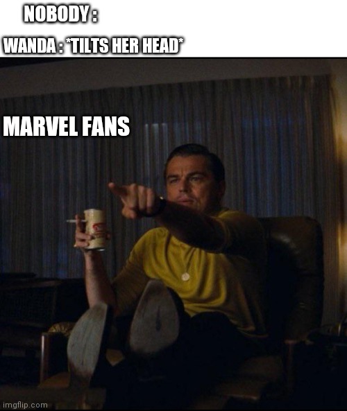 That's literally what we do | NOBODY :; WANDA : *TILTS HER HEAD*; MARVEL FANS | image tagged in blank white template,leonardo dicaprio pointing,wandavision,funny memes,memes,funny | made w/ Imgflip meme maker