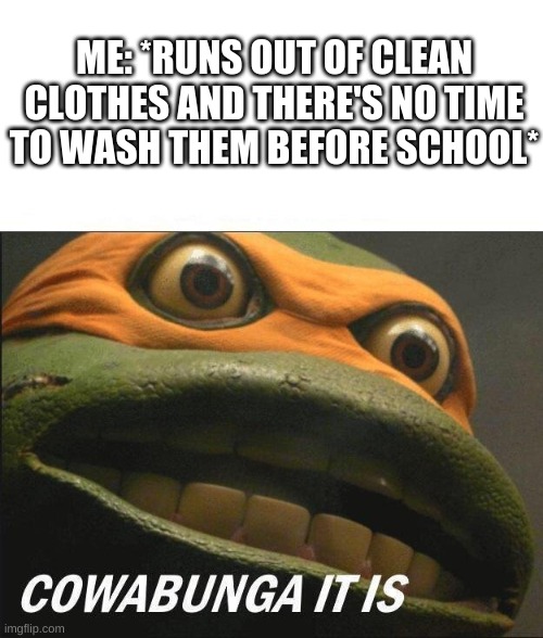 heh heh heh | ME: *RUNS OUT OF CLEAN CLOTHES AND THERE'S NO TIME TO WASH THEM BEFORE SCHOOL* | image tagged in cowabunga it is | made w/ Imgflip meme maker