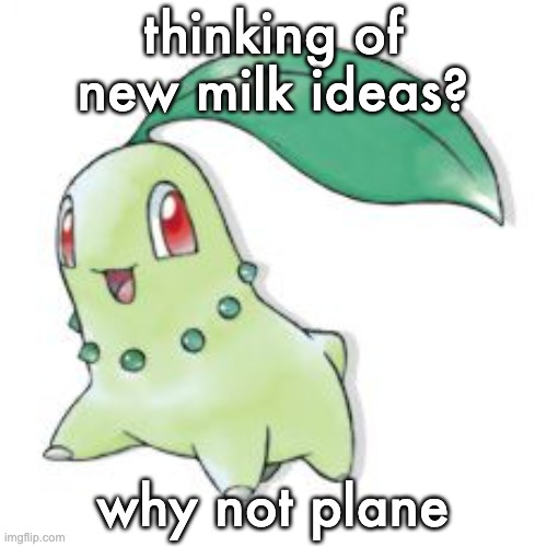 Chikorita | thinking of new milk ideas? why not plane | image tagged in chikorita | made w/ Imgflip meme maker