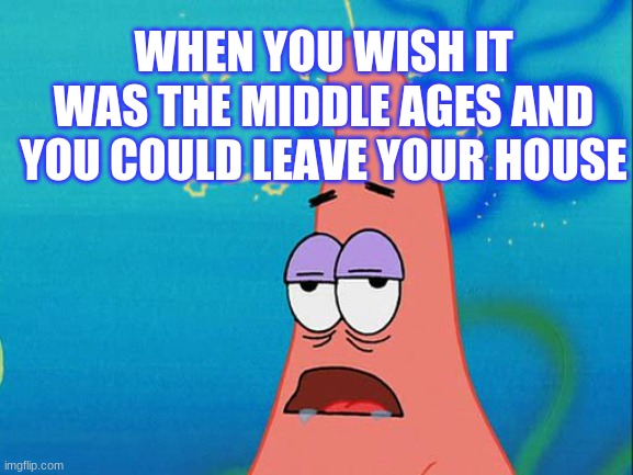 Dumb Patrick Star | WHEN YOU WISH IT WAS THE MIDDLE AGES AND YOU COULD LEAVE YOUR HOUSE | image tagged in dumb patrick star | made w/ Imgflip meme maker