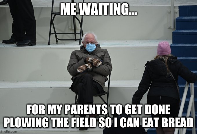 Bernie sitting | ME WAITING... FOR MY PARENTS TO GET DONE PLOWING THE FIELD SO I CAN EAT BREAD | image tagged in bernie sitting | made w/ Imgflip meme maker