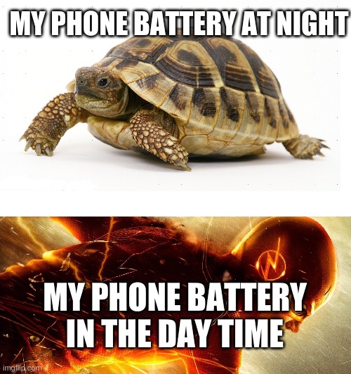 Slow vs Fast Meme | MY PHONE BATTERY AT NIGHT; MY PHONE BATTERY IN THE DAY TIME | image tagged in slow vs fast meme | made w/ Imgflip meme maker