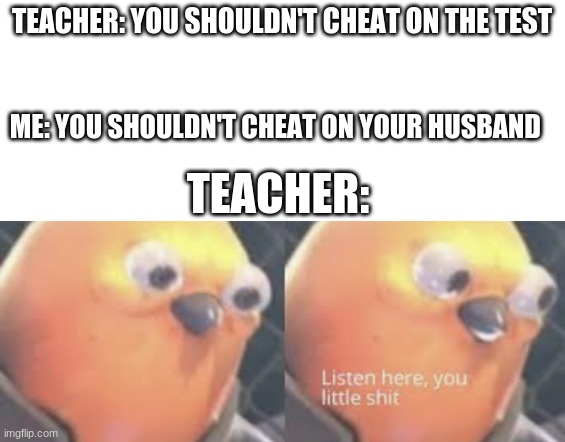 Listen here you little shit bird | TEACHER: YOU SHOULDN'T CHEAT ON THE TEST; ME: YOU SHOULDN'T CHEAT ON YOUR HUSBAND; TEACHER: | image tagged in listen here you little shit bird | made w/ Imgflip meme maker