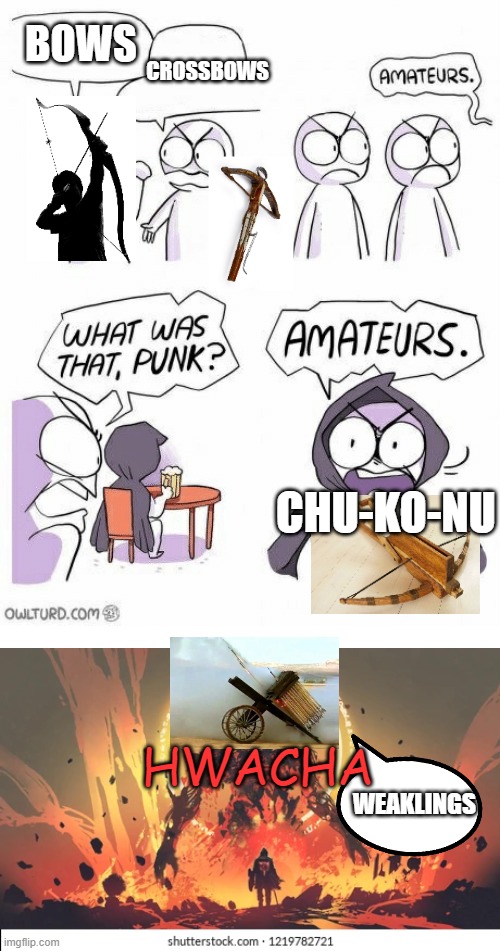 The most powerful medieval weapon | BOWS; CROSSBOWS; CHU-KO-NU; WEAKLINGS; HWACHA | image tagged in amateurs,medieval memes,historical meme,weapons | made w/ Imgflip meme maker