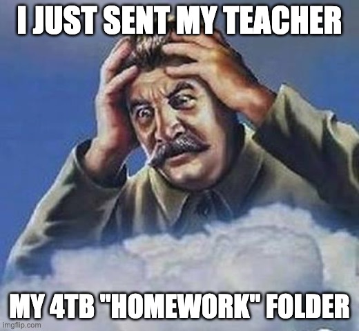 Worrying Stalin | I JUST SENT MY TEACHER; MY 4TB "HOMEWORK" FOLDER | image tagged in worrying stalin,memes | made w/ Imgflip meme maker