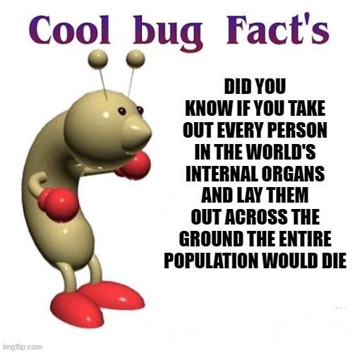 Cool Bug Facts | DID YOU KNOW IF YOU TAKE OUT EVERY PERSON IN THE WORLD'S INTERNAL ORGANS AND LAY THEM OUT ACROSS THE GROUND THE ENTIRE POPULATION WOULD DIE | image tagged in cool bug facts | made w/ Imgflip meme maker
