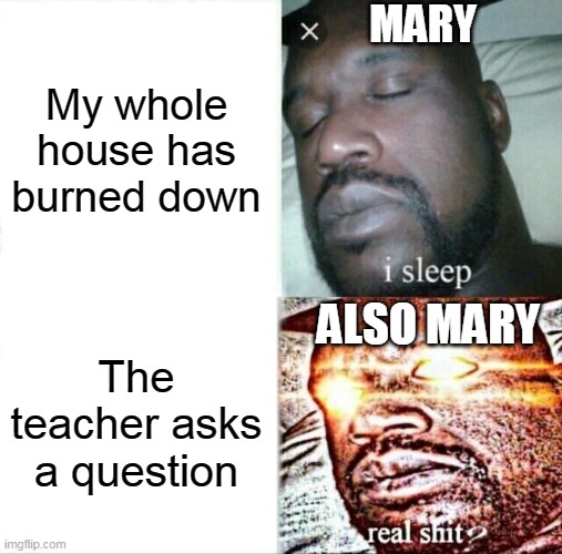 Sleeping Shaq Meme | MARY; My whole house has burned down; ALSO MARY; The teacher asks a question | image tagged in memes,sleeping shaq | made w/ Imgflip meme maker