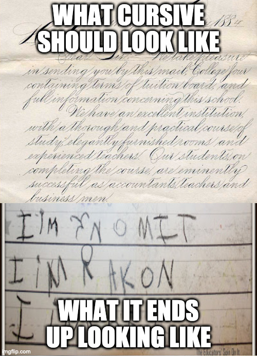 WHAT CURSIVE SHOULD LOOK LIKE; WHAT IT ENDS UP LOOKING LIKE | image tagged in cursive | made w/ Imgflip meme maker