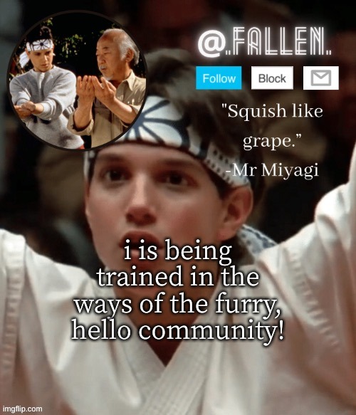 XDDDDDDDD | i is being trained in the ways of the furry, hello community! | image tagged in karate kid temp | made w/ Imgflip meme maker