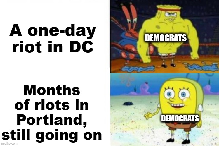 A one-day riot in DC; DEMOCRATS; Months of riots in Portland, still going on; DEMOCRATS | image tagged in memes,strong vs weak spongebob,patriots,dc,portlandia,democrats | made w/ Imgflip meme maker