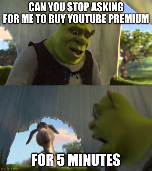 I don't care YouTube | CAN YOU STOP ASKING FOR ME TO BUY YOUTUBE PREMIUM; FOR 5 MINUTES | image tagged in shrek five minutes | made w/ Imgflip meme maker