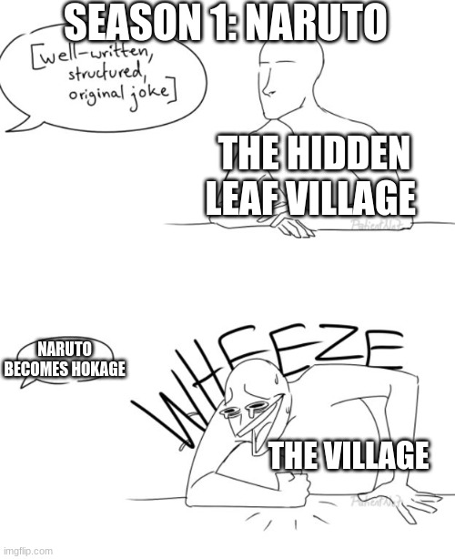 Wheeze | SEASON 1: NARUTO; THE HIDDEN LEAF VILLAGE; NARUTO BECOMES HOKAGE; THE VILLAGE | image tagged in wheeze | made w/ Imgflip meme maker