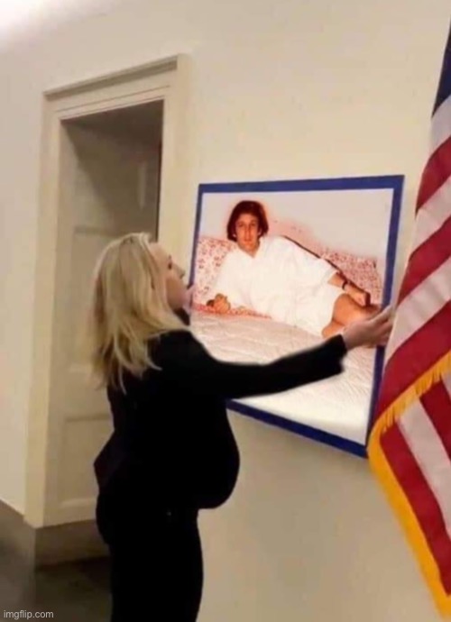 Actual footage of a Wall Of Shame troll putting another Wall Of Shame troll on a wall | image tagged in marjorie taylor greene donald trump | made w/ Imgflip meme maker