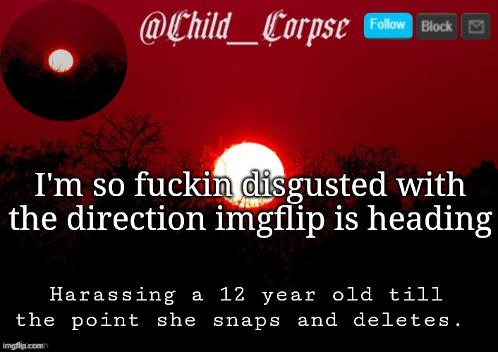 I wish we could go back to 2019. 2019 was the golden year of imgflip | I'm so fuckin disgusted with the direction imgflip is heading; Harassing a 12 year old till the point she snaps and deletes. | image tagged in child_corpse announcement template | made w/ Imgflip meme maker