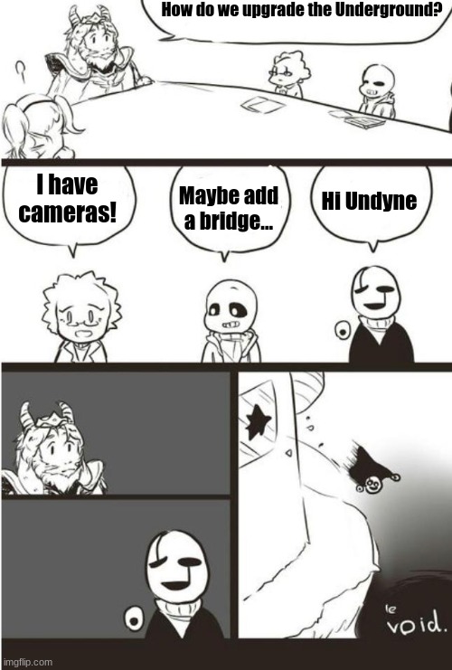 Gaster getting in trouble for saying hi | How do we upgrade the Underground? Maybe add a bridge... Hi Undyne; I have cameras! | image tagged in le void,hi undyne,alphys on cams,sans has a bridge,what are you doing asgore | made w/ Imgflip meme maker