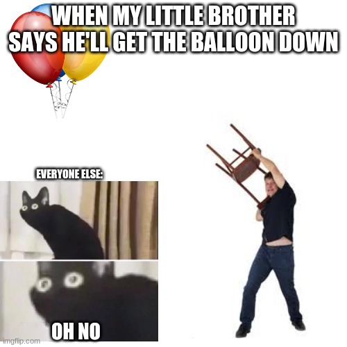 Oh no | WHEN MY LITTLE BROTHER SAYS HE'LL GET THE BALLOON DOWN; EVERYONE ELSE:; OH NO | image tagged in memes,blank transparent square | made w/ Imgflip meme maker