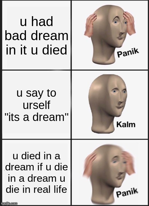 u die in a dream but u died in real life | u had bad dream in it u died; u say to urself "its a dream"; u died in a dream if u die in a dream u die in real life | image tagged in memes,panik kalm panik | made w/ Imgflip meme maker