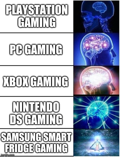 YES | PLAYSTATION GAMING; PC GAMING; XBOX GAMING; NINTENDO DS GAMING; SAMSUNG SMART FRIDGE GAMING | image tagged in expanding brain 5 panel | made w/ Imgflip meme maker