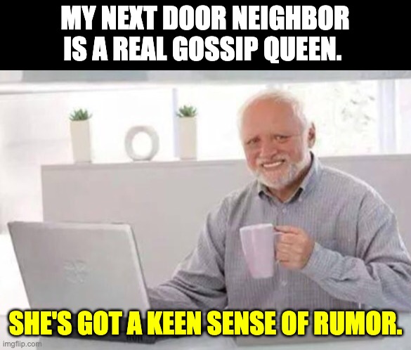Gossip | MY NEXT DOOR NEIGHBOR IS A REAL GOSSIP QUEEN. SHE'S GOT A KEEN SENSE OF RUMOR. | image tagged in harold | made w/ Imgflip meme maker