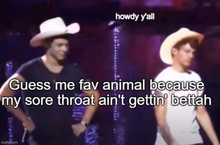 Howdy | Guess me fav animal because my sore throat ain't gettin' bettah | image tagged in howdy | made w/ Imgflip meme maker
