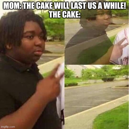 i have no title for this | MOM: THE CAKE WILL LAST US A WHILE!
THE CAKE: | image tagged in disappearing | made w/ Imgflip meme maker