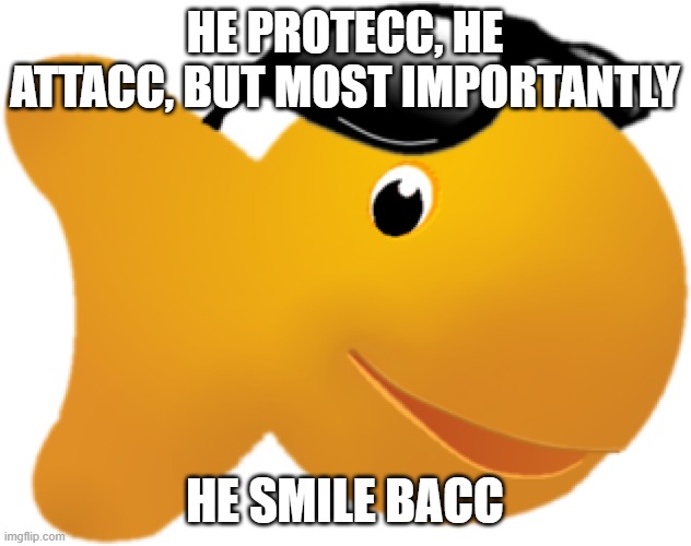 gOlDfIsH | HE PROTECC, HE ATTACC, BUT MOST IMPORTANTLY; HE SMILE BACC | image tagged in goldfish,lol so funny,he protec he attac but most importantly | made w/ Imgflip meme maker