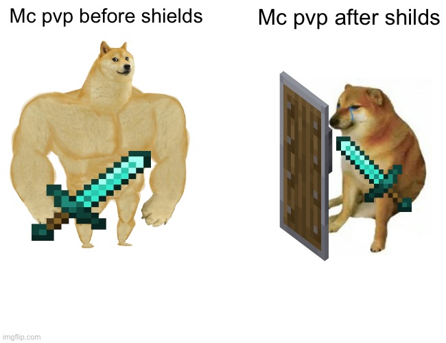Buff Doge vs. Cheems | Mc pvp before shields; Mc pvp after shields | image tagged in memes,buff doge vs cheems | made w/ Imgflip meme maker