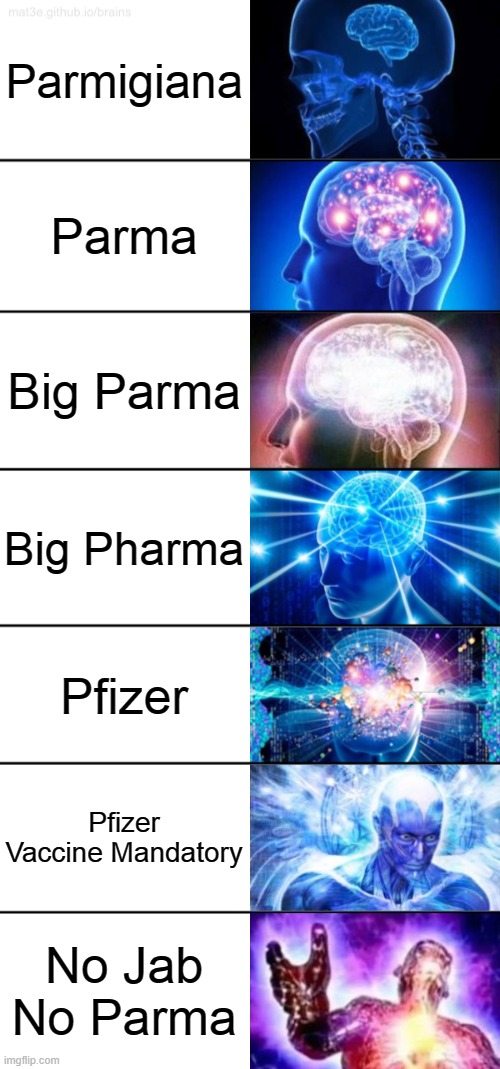No Jab | Parmigiana; Parma; Big Parma; Big Pharma; Pfizer; Pfizer Vaccine Mandatory; No Jab No Parma | image tagged in 7-tier expanding brain | made w/ Imgflip meme maker
