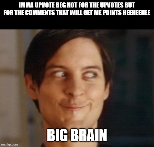 PLEASE UPVOTE | IMMA UPVOTE BEG NOT FOR THE UPVOTES BUT FOR THE COMMENTS THAT WILL GET ME POINTS HEEHEEHEE; BIG BRAIN | image tagged in memes,spiderman peter parker | made w/ Imgflip meme maker