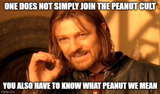 One Does Not Simply | ONE DOES NOT SIMPLY JOIN THE PEANUT CULT; YOU ALSO HAVE TO KNOW WHAT PEANUT WE MEAN | image tagged in memes,one does not simply | made w/ Imgflip meme maker