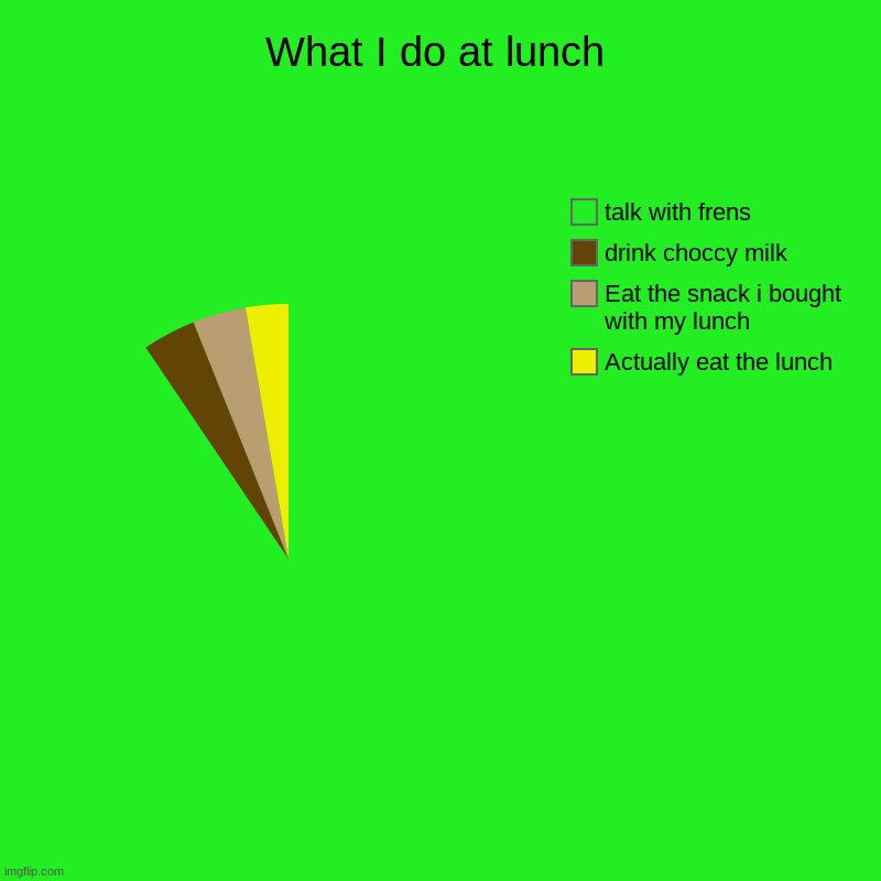 who can relate | What I do at lunch | Actually eat the lunch, Eat the snack i bought with my lunch, drink choccy milk, talk with frens | image tagged in charts,pie charts | made w/ Imgflip chart maker