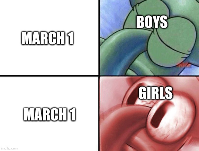 NFF is no more | BOYS; MARCH 1; GIRLS; MARCH 1 | image tagged in sleeping squidward,oof | made w/ Imgflip meme maker
