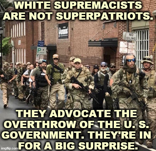 The Confederacy didn't end well either. | WHITE SUPREMACISTS ARE NOT SUPERPATRIOTS. THEY ADVOCATE THE 
OVERTHROW OF THE U. S. 
GOVERNMENT. THEY'RE IN 
FOR A BIG SURPRISE. | image tagged in trump's militia,white supremacists,neo-nazis,traitors,jail | made w/ Imgflip meme maker