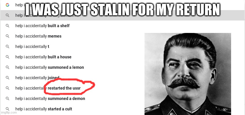 I WAS JUST STALIN FOR MY RETURN | image tagged in funny,stalin | made w/ Imgflip meme maker