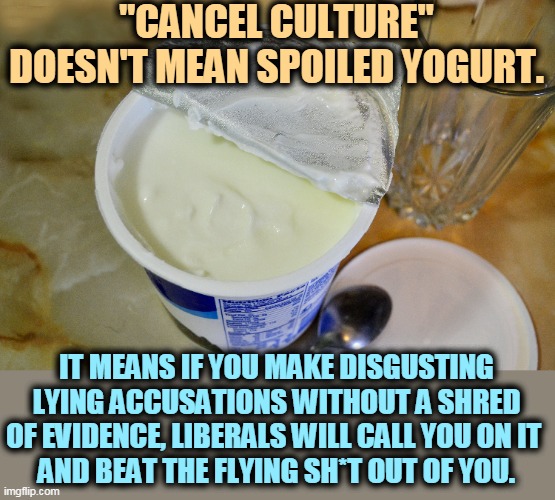 If you make up sh*t, be prepared to have your nose rubbed in it. There is a price. | "CANCEL CULTURE" DOESN'T MEAN SPOILED YOGURT. IT MEANS IF YOU MAKE DISGUSTING LYING ACCUSATIONS WITHOUT A SHRED OF EVIDENCE, LIBERALS WILL CALL YOU ON IT 
AND BEAT THE FLYING SH*T OUT OF YOU. | image tagged in cancel culture,conservative,trump,disgusting,lies,punishment | made w/ Imgflip meme maker