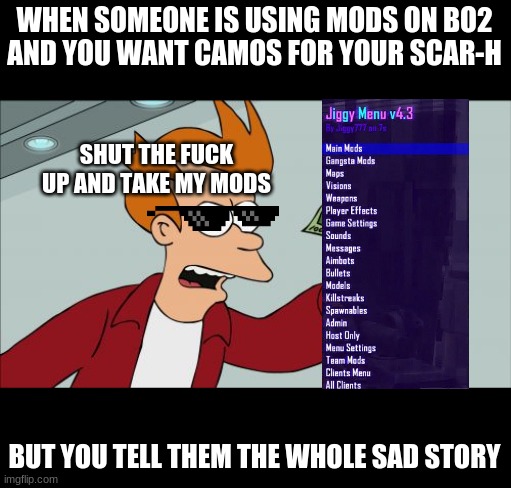 Jiggy Mod Menu | WHEN SOMEONE IS USING MODS ON BO2
AND YOU WANT CAMOS FOR YOUR SCAR-H; SHUT THE FUCK UP AND TAKE MY MODS; BUT YOU TELL THEM THE WHOLE SAD STORY | image tagged in memes,shut up and take my money fry | made w/ Imgflip meme maker