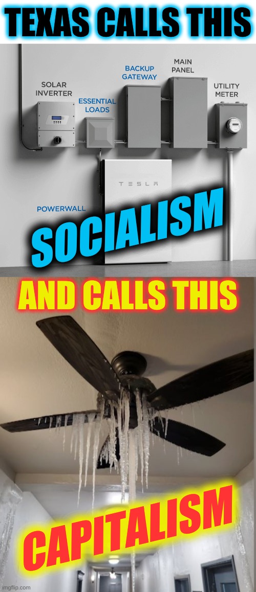 TEXAS CALLS THIS; SOCIALISM; AND CALLS THIS; CAPITALISM | image tagged in tesla power wall,frozen wind turbine texas,blackout,communism and capitalism,conservative hypocrisy,renewable energy | made w/ Imgflip meme maker