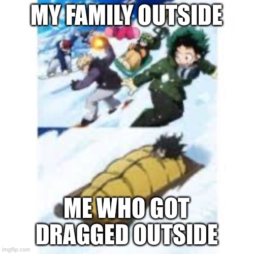 Wow Aizawa.... | MY FAMILY OUTSIDE; ME WHO GOT DRAGGED OUTSIDE | image tagged in lazy | made w/ Imgflip meme maker